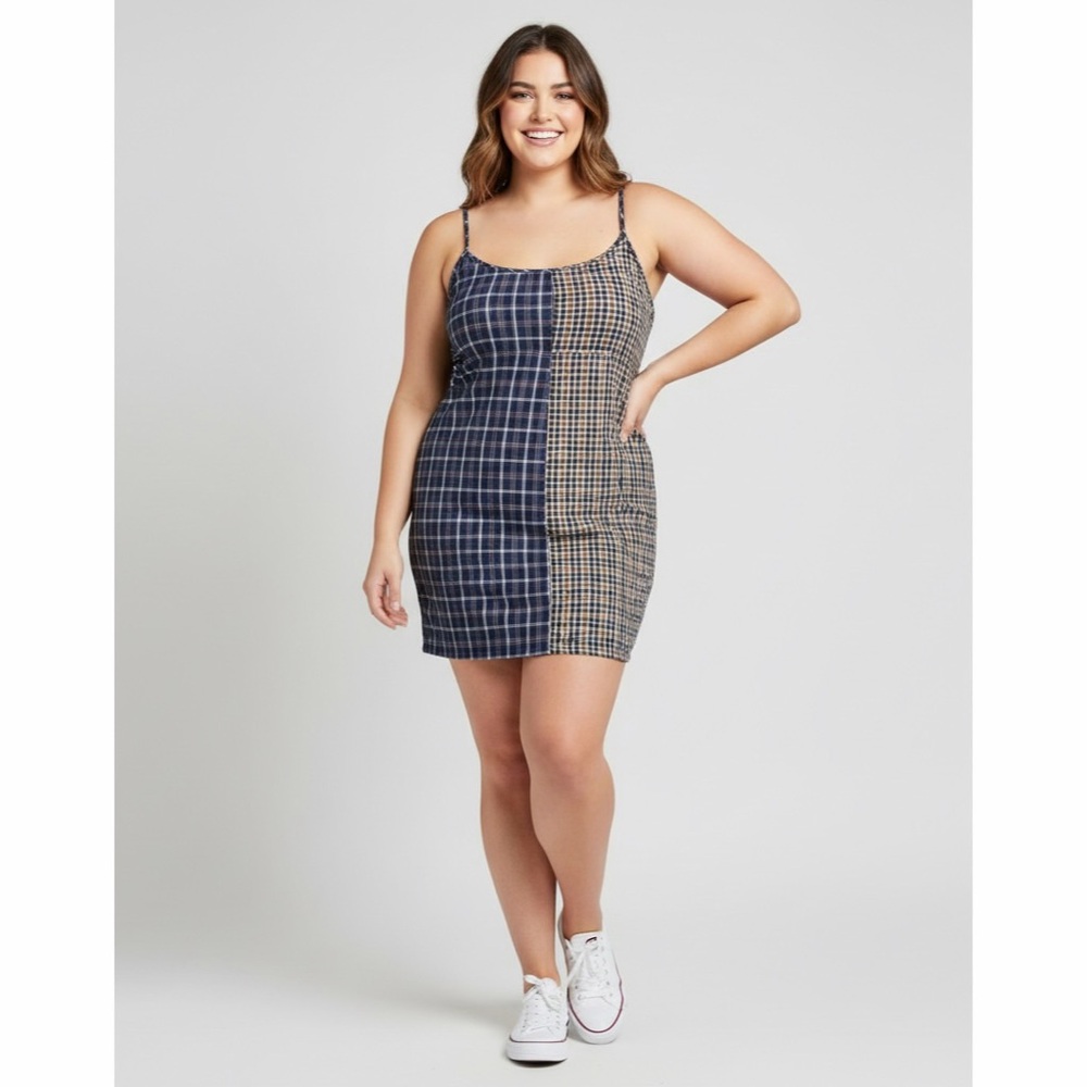 It’s CATO | Split Patchwork Two Toned Plaid Mini Slip Cami Dress